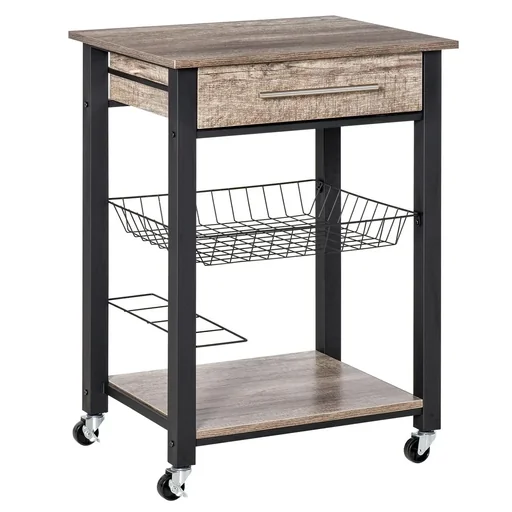 "Kitchen trolley, kitchen trolley, serving trolley with shelf, drawer, wine rack, chipboard, metal, grey oak, 60 x 50 x 84.5 cm image"