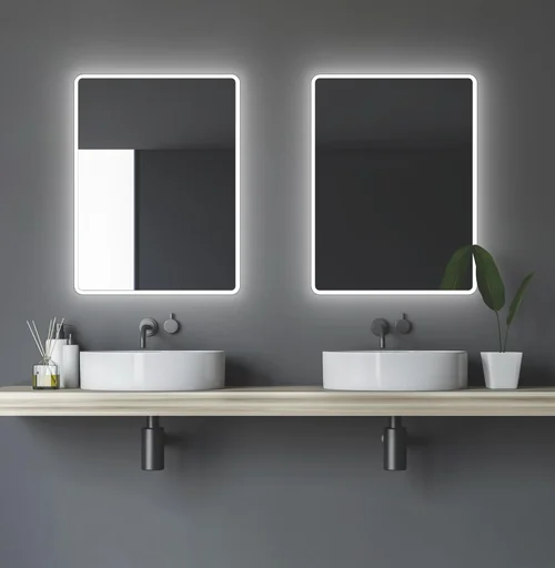 "Bathroom mirror with lighting, "Moon" - 40 x 45 cm - with surrounding ambient light - light color neutral white image"