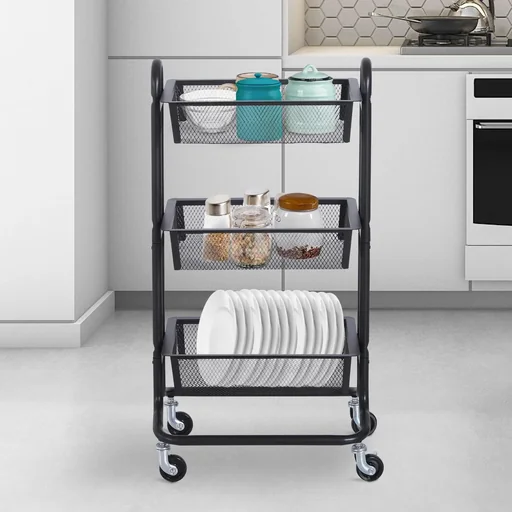 "All-purpose trolley all-purpose shelf with wheels kitchen trolley kitchen shelf metal shelf trolley 3 x basket carbon steel image"