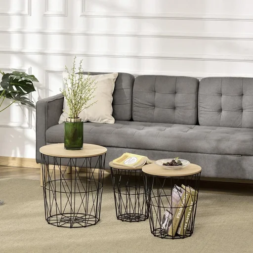 "Coffee table side table 3-piece bedside table nesting table living room bedroom metal MDF natural wood + black Ø42 x 45H c image"