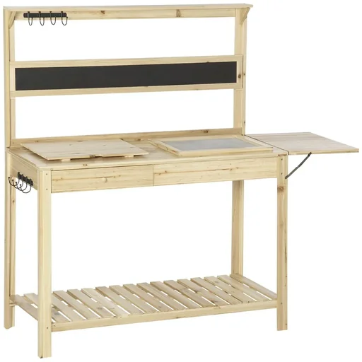 "Planting table gardening table with 8 hooks drawer storage flower table made of wood for garden terrace natural 151 x 45.5 x 143 cm image"