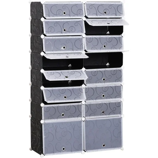 "Wardrobe shoe cabinet DIY shoe rack shelving system wardrobe cabinet 16 cubes made of PP black + white 95 x 3 7 x 160 cm image"