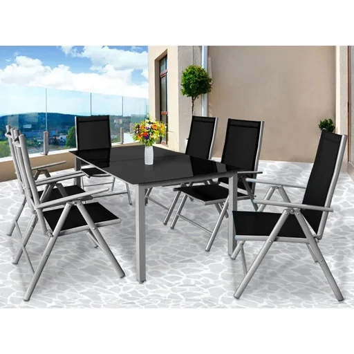 "Garden set Bern 6+1 foldable high backrest & black glass top image"