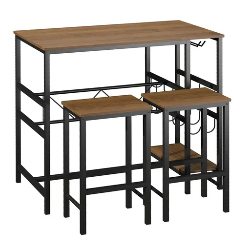 "Bar table set, high table with 2 bar stools, 3-piece table set kitchen counter with bottle holder chipboard, steel, natural image"
