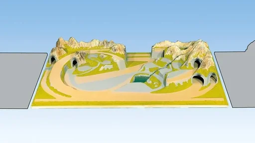 "Finished terrain Mittenwald - 200 x 120 cm, approx. 41 cm high, gauge H0, TT, colored and grassed, on wooden frame image"