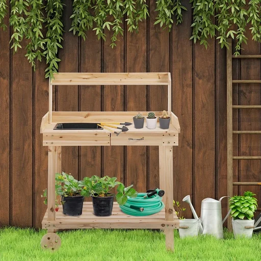 "Planting table with drawer, 2 levels, gardening table with sink and castors, natural fir wood, 92 x 45 x 119 cm image"