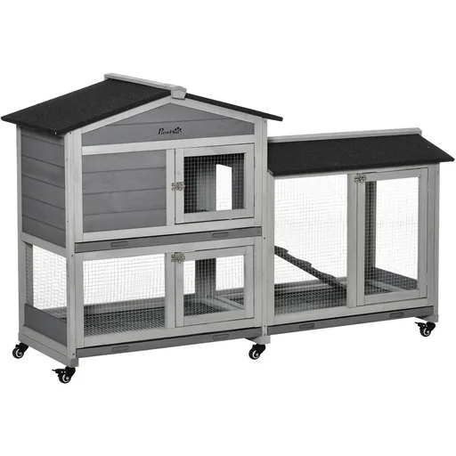 "Rabbit hutch with wheels, outdoor, asphalt roof for 3 dwarf rabbits, double staircase, wood, steel, grey, 157.4 x 53 x 99.5 cm image"