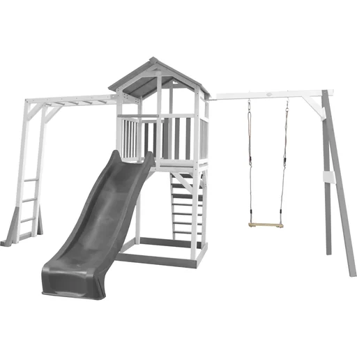 "Beach Tower play tower with climbing frame and single swing - grey slide image"