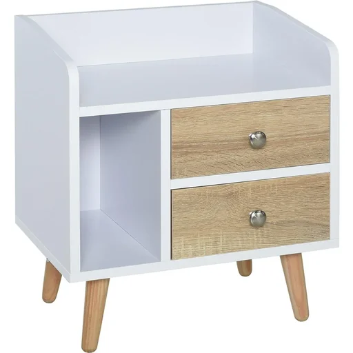 "White bedside table with 2 drawers and solid wood legs image"