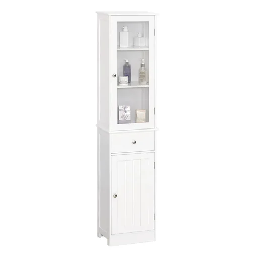 "Bathroom cabinet, bathroom cabinet, display cabinet, kitchen cabinet with drawer, shelves, MDF, acrylic, 40 x 27 x 171.5 cm, white image"