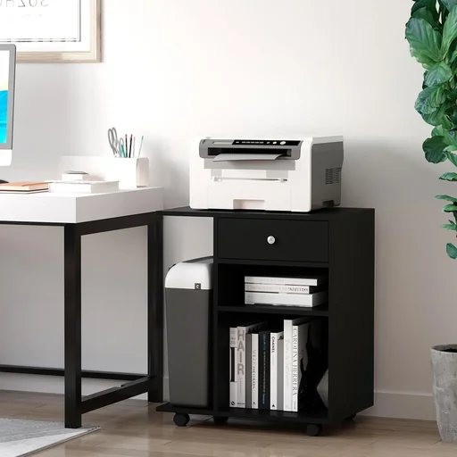 "Printer table, printer stand, office cart, rolling cart with drawer + 2 shelves + CPU stand, chipboard, black, 60 x 40 x 68 image"