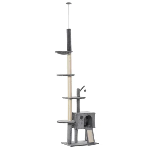 "Scratching post cat tree ceiling height climbing tree with play tree cat sisal plush light grey height adjustable 60 x 40 x 238-270 image"