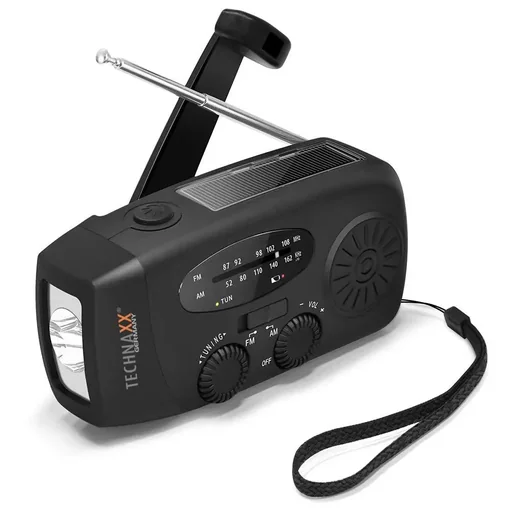 "Solar crank radio with flashlight image"