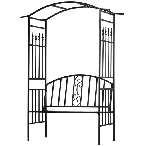 "Planting arch with bench, archway, trellis, garden arched roof, metal, black, 152 x 58 x 207 cm image"