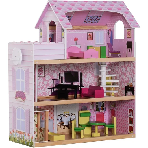 "Children's dollhouse with furniture pink image"
