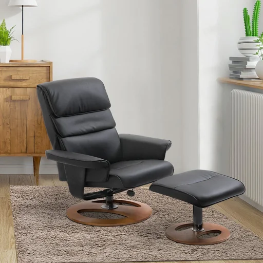 "Relaxing chair with stool TV chair Upholstered chair 360° rotatable 120° tiltable PU cover wooden base image"