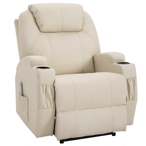 "Massage chair, recliner chair, TV chair, massage function, reclining function, artificial leather, wood, metal, foam, beige image"