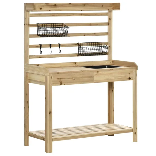 "Planting table gardener's table with sink flower table made of wood with drawer hook basket shelf garden terrace nature 107, image"