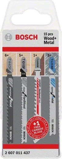 "Jigsaw blade set, for wood and metal, T-shank, 15 pieces image"