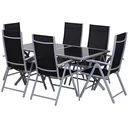 Aluminium garden table set with black glass top, foldable, with 6 chairs