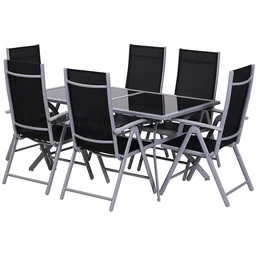 Aluminium tuinset met zwart glazen tafelblad, inklapbaar, met 6 stoelen