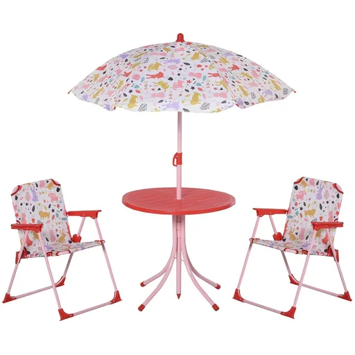 "4-piece children's seating group with garden table, 2 folding chairs, parasol, camping children's seating set, garden furniture for 3-5 years, red image"