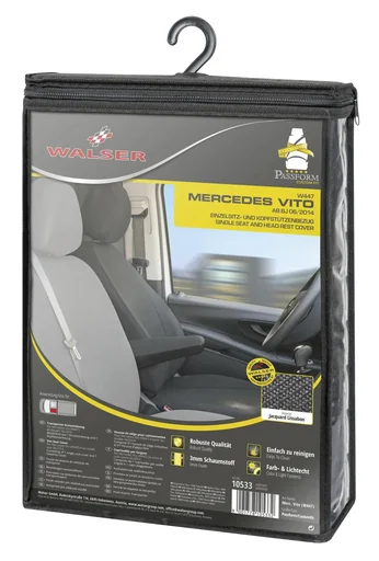 "Fitted seat covers Mercedes Vito 447 for single driver's seat in front with armrest inside made of fabric from model year 06/2014 - today image"