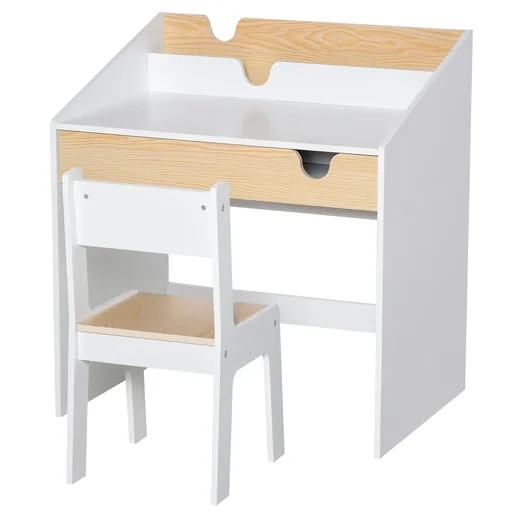 "2-piece children's seating group with children's table and chair for 6-10 years old children's furniture MDF white+natural 70 x 50 x 75 cm image"