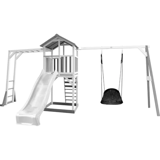 "Beach Tower play tower with climbing frame and Roxy nest swing - white slide image"