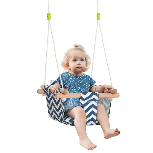 "Children's swing with safety belt, cushion, baby seat, cotton, poplar wood, blue and white, 40 x 40 x 180 cm image"