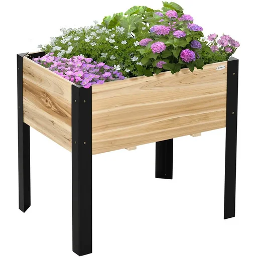 "Raised bed planter flower box flowerpot herb bed with nonwoven fabric solid wood steel natural+black 80 x 60 x 74 cm image"