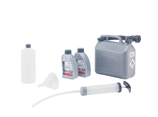 "Starterkit voor benzinemaaimachine (bestaand uit 1 x 5 l benzineblik, 1 x motorolie-onderhoudsset, 2 x motorolie) image"