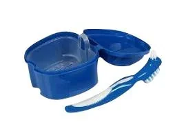 "Denture cleaning set, blue, 3-piece image"