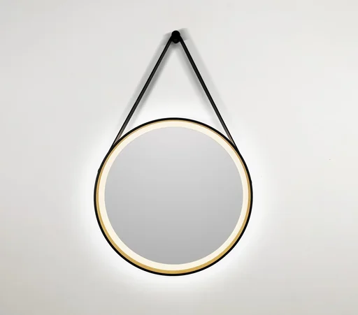 "Decorative round wall mirror with LED lighting in black/gold matt Ø 55 cm image"