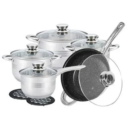 "Pots and pans - 12 pieces - With coasters and lids - Marble frying pan - Frying pan - Sauté pan - Silver image"