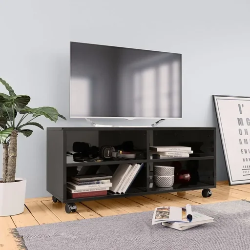 "TV cabinet with castors 90x35x35 cm chipboard high gloss black image"