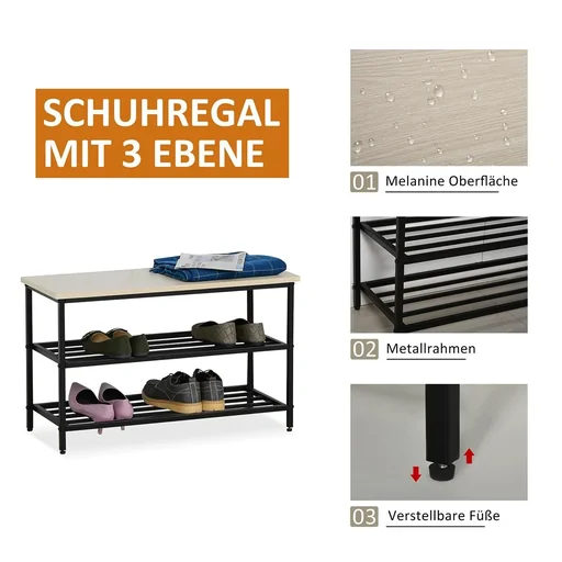 "2-in-1 wardrobe set hallway wardrobe with bench wall wardrobe for entrance area, 6 hooks, natural + black, 75 x 30 x 45 cm image"