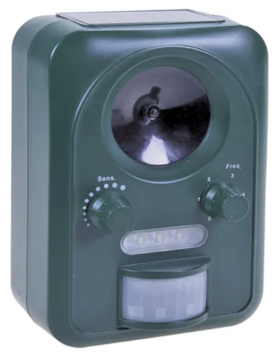 "Solar universal animal deterrent with ultrasound & flash light image"