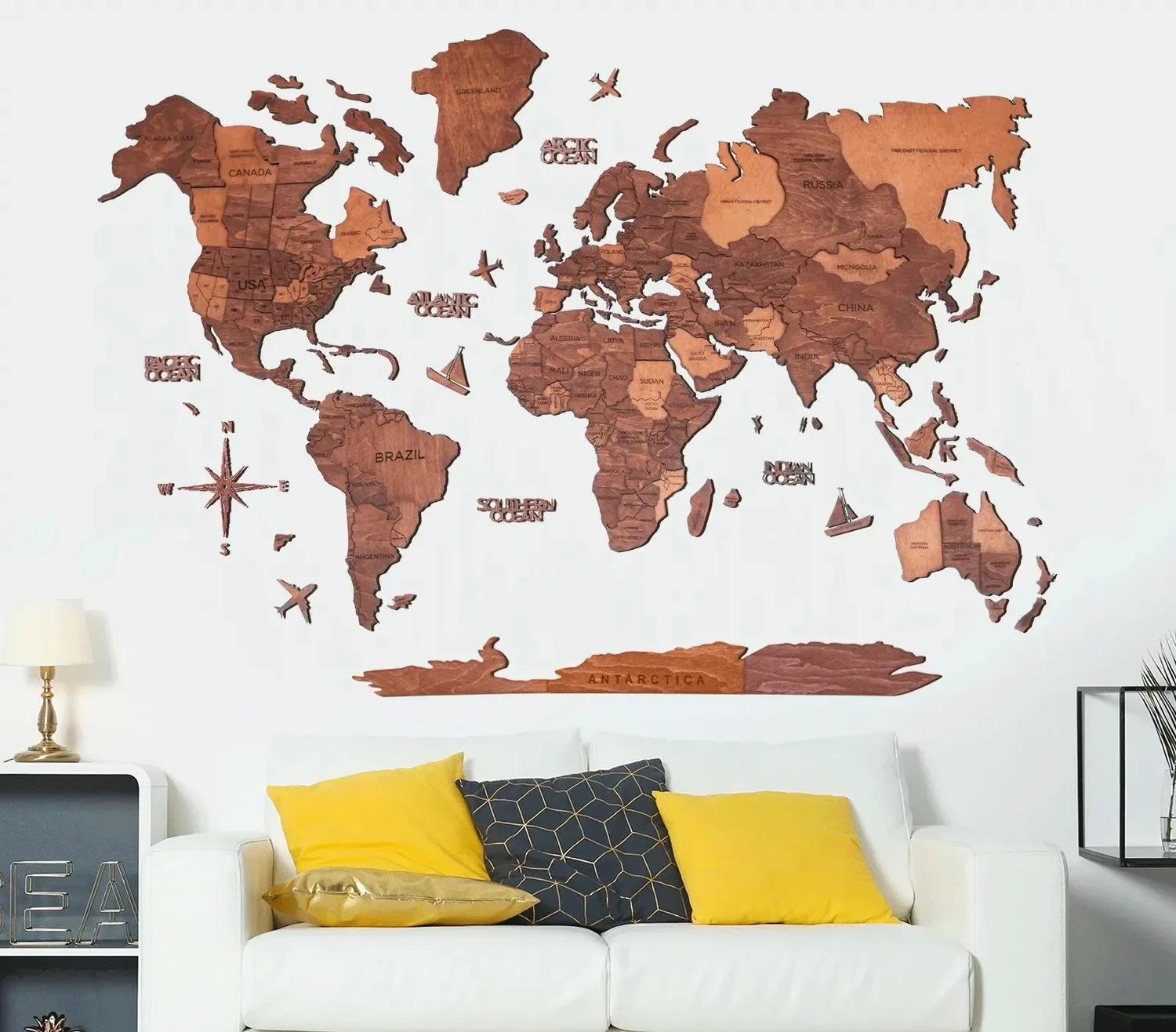 "Wereldkaart hout, wereldkaart, wereldkaart wanddecoratie 3D - Enjoy The Wood, Oak Prime, Wereldkaartmaat: XL image"
