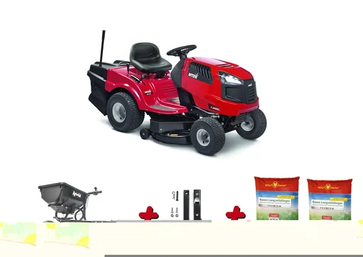 "Lawn tractor Smart RN 145 promotion including trailer spreader, coupling and 2x long-term lawn fertilizer 450m² image"