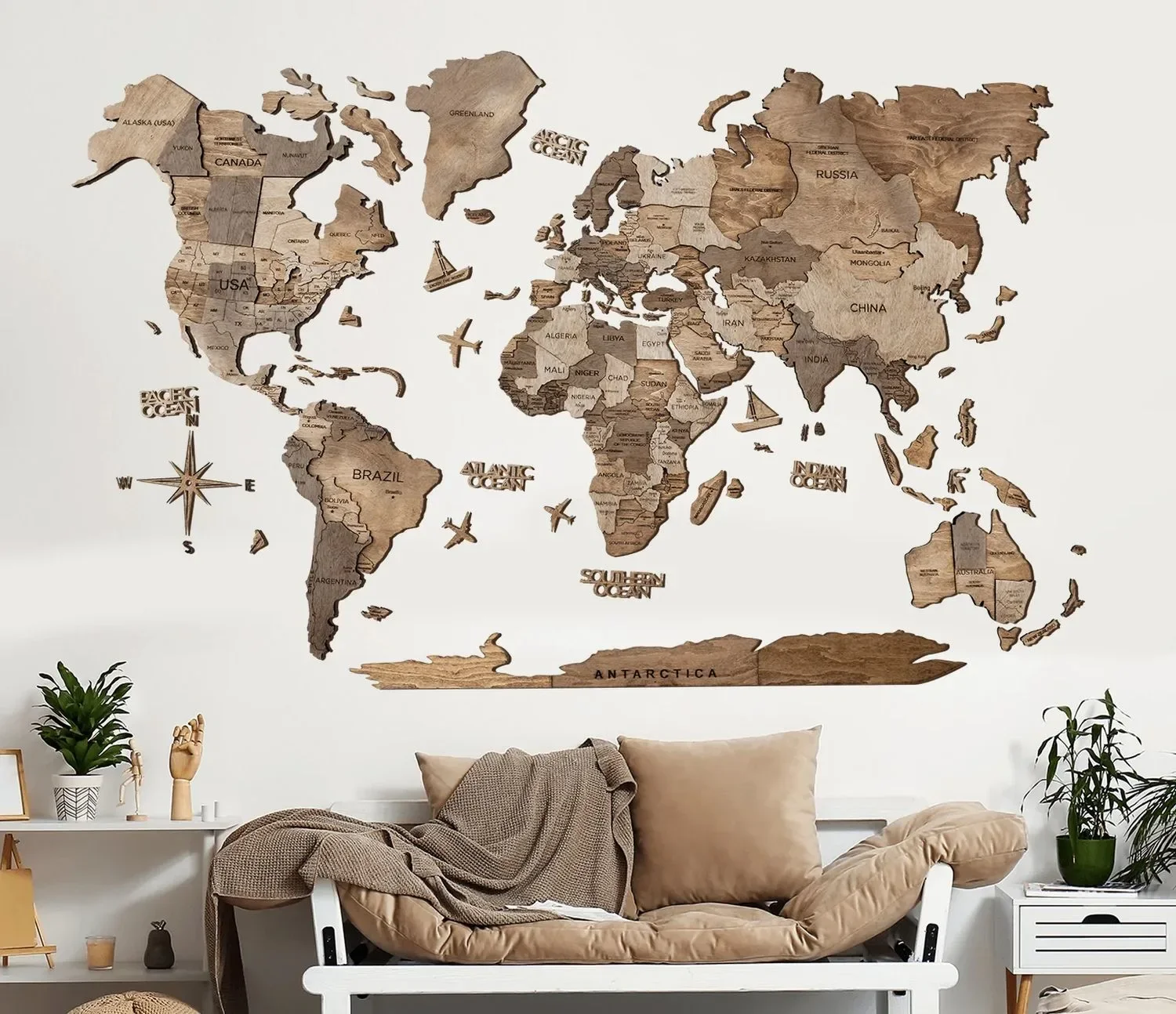 "Wereldkaart hout, wereldkaart, wereldkaart wanddecoratie 3D - Enjoy The Wood, Terra Prime, Wereldkaartmaat: XL image"