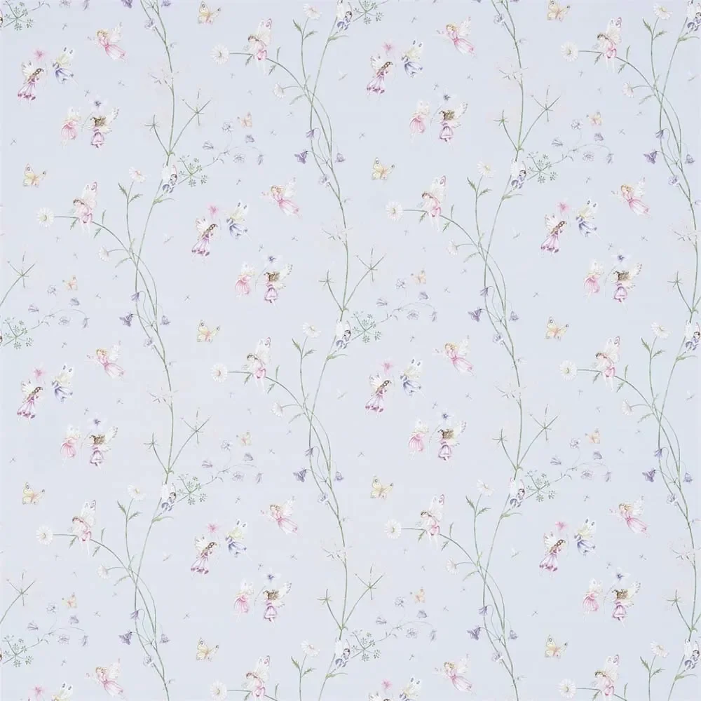 Little Sanderson Abracazoo motief stof feeën tuin lichtblauw paars roze
