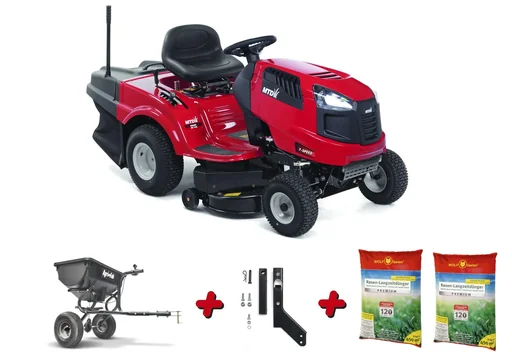 "Lawn tractor Smart RE 125 special offer including trailer spreader, coupling and 2x long-term lawn fertilizers 450m² image"