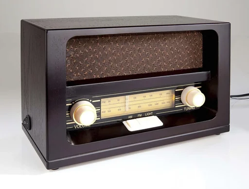 "Nostalgic radio with real wood case and amber-colored buttons image"
