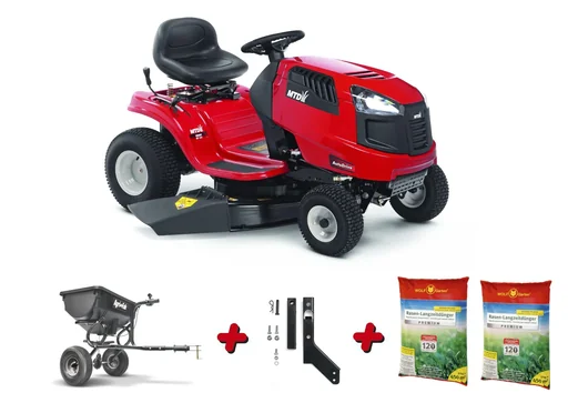 "Lawn tractor Smart RF 130 H special offer including trailer spreader, coupling and 2x long-term lawn fertilizers 450m² image"