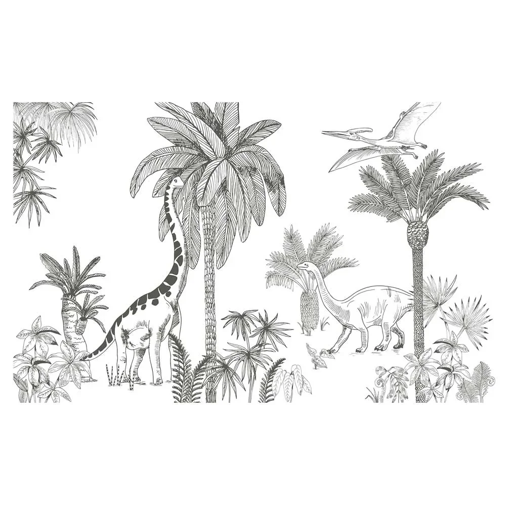 "Lilipinso fleece muurschildering dinosaurus met palmbomen grijs image"