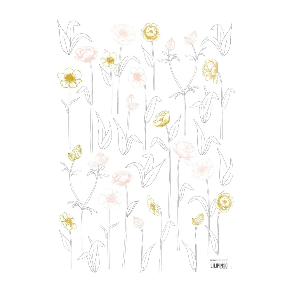 "Lilipinso muursticker A3 bloemen met steel roze grijs oker image"