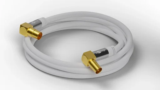 "TV antenna cable 135 dB, 4x shielded, 10 m, white - gold-plated, coaxial socket 90° > coaxial plug 90° (70450) image"