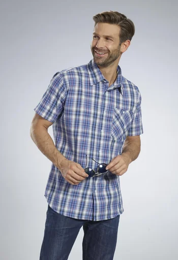 "Casual shirt, short sleeves, navy/light blue/red checked, size 39/40 image"