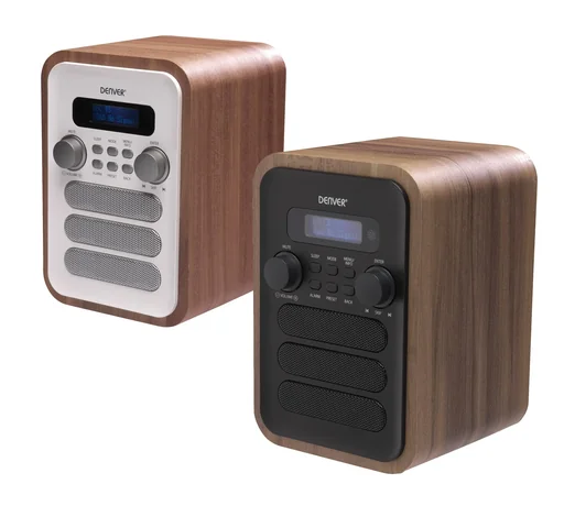 "Radio with elegant wooden design and Bluetooth function, white image"